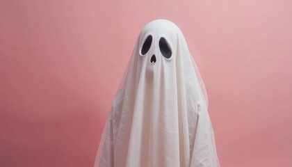 White ghost sheet costume against pastel pink background. Minimal Halloween scary concept.