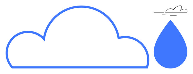 Blue cloud outline with raindrop and small flying cloud. Ideal for weather, water, climate, rain, environmental awareness, data storage, sustainability. A simple flat metaphor
