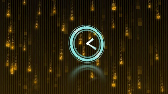 Stylized cyan clock appearing causing arc progressing, hands advancing and cash drifting in finance