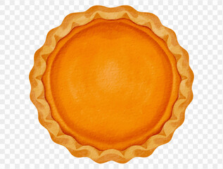 Watercolor whole pumpkin pie dessert for Thanksgiving design and celebration. Vector.