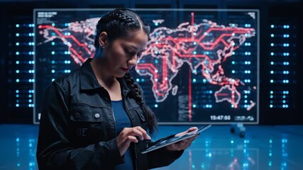 Woman using tablet in datacenter. Cybersecurity technology monitor displays global network and server status. Analysis and security tools run on tablet screen. Focused expert checks data controls. - Powered by Adobe