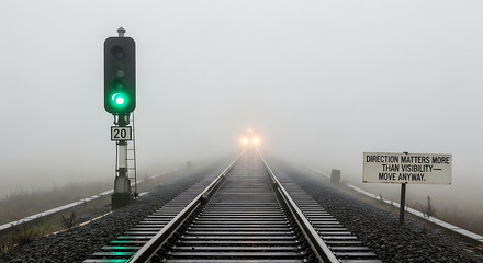 Train Tracks Disappearing into Fog with Green Light and Sign