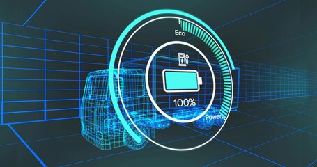 Opening on 3D wireframe truck model, HUD charging gauge fluctuating while demonstrating Eco Power - Powered by Adobe