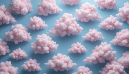 Pattern made of clouds of cotton wool on pastel blue background. Cyberpunk aesthetic concept art. Minimal surrealism.