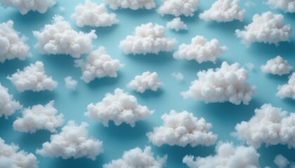 Pattern made of clouds of cotton wool on pastel blue background. Cyberpunk aesthetic concept art. Minimal surrealism.
