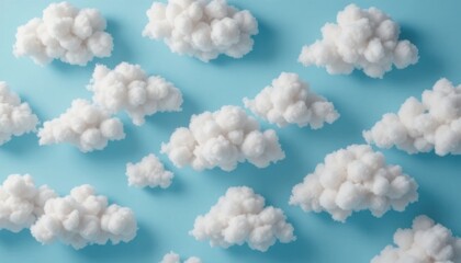 Pattern made of clouds of cotton wool on pastel blue background. Cyberpunk aesthetic concept art. Minimal surrealism.
