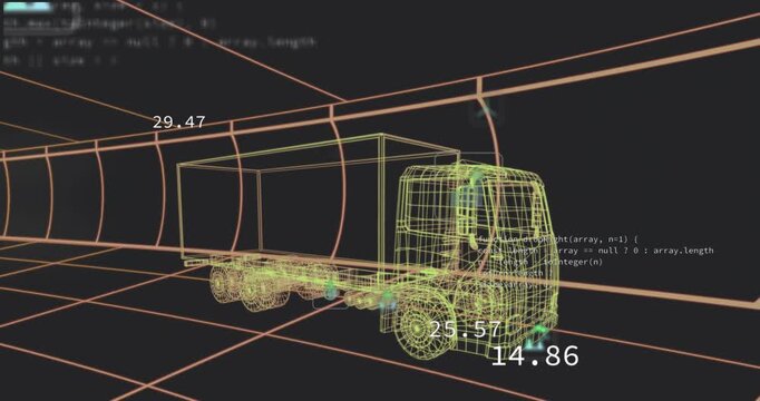 Opening grid-tunnel revealing truck with floating icons and numbers, visualizing CO? metrics