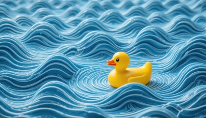 Yellow Rubber Duck on Blue and White Striped Waves