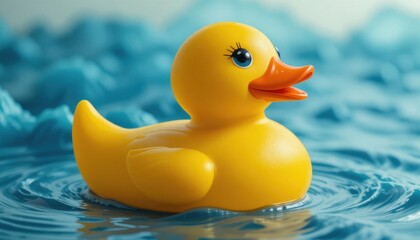 Yellow Rubber Duck on Blue and White Striped Waves