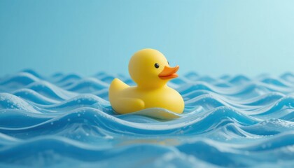 Yellow Rubber Duck on Blue and White Striped Waves