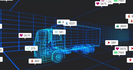 After initial hold neon-blue wireframe truck attracting social media callouts to visualize metrics - Powered by Adobe