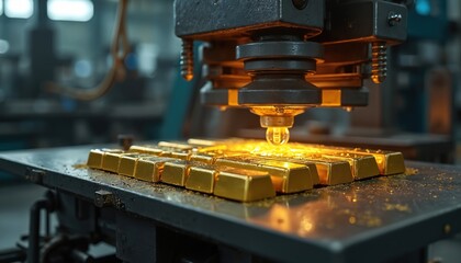 Gold bars pass through industrial machinery on production line. Equipment marks shiny precious metal ingots, suggesting valuable resource processing, refinement for market sale. Automated