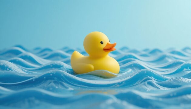 Yellow Rubber Duck on Blue and White Striped Waves - Powered by Adobe