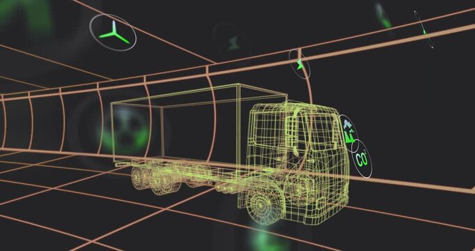 glow pulsing neon orange wireframe truck spurring icons appearing orbiting showing energy concepts - Powered by Adobe
