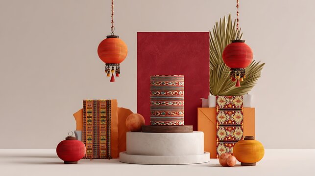 Chinese new year decoration with lantern and gift box isolated on white background