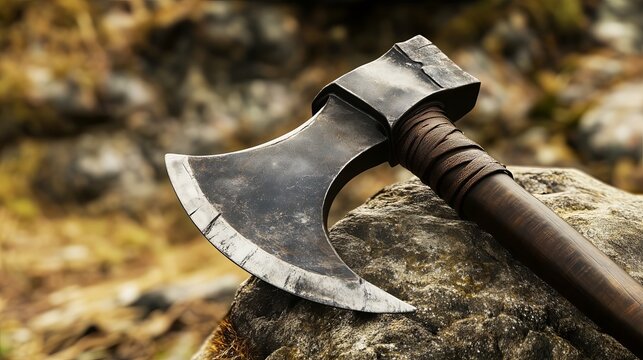 A weathered axe rests on a mossy rock, its blade showing signs of use. The image evokes adventure, survival, and the rugged beauty of the outdoors.