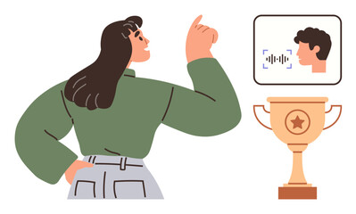 Woman engaging with facial recognition technology on a screen, next to a star trophy. Ideal for identity verification, digital security, achievement, technology ethics, diversity, innovation