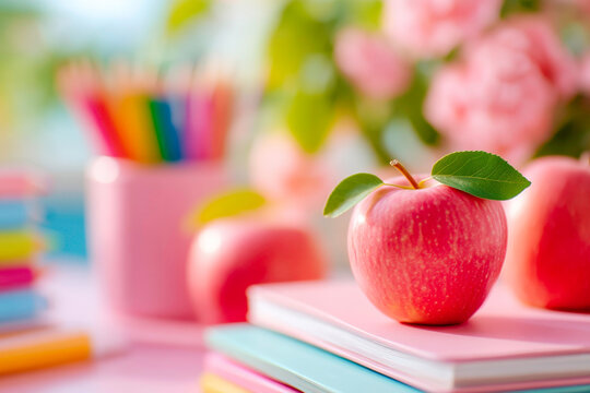 School books apple and stationery supplies on classroom table learning materials concept