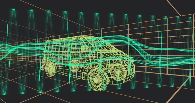 Entering turquoise waveform from left sweeping around yellow wireframe van for flow simulation