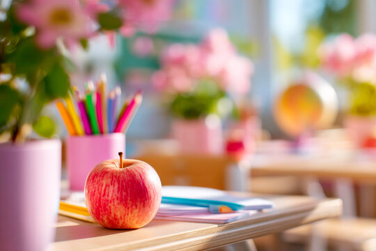 Teacher desk with globe apple and stationery classroom back to school education theme