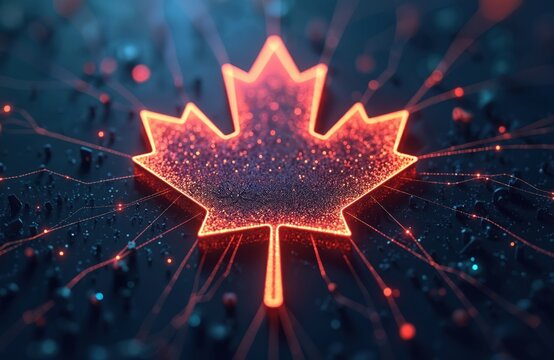 Glowing neon maple leaf symbol connects global data streams. Digital network pulses with light and information transfer. Canada tech innovation concept. - Powered by Adobe