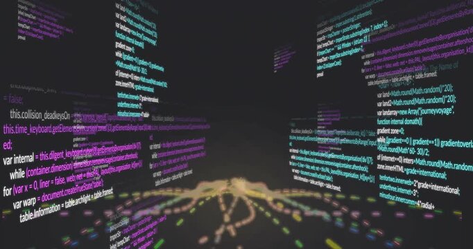 User-triggered code panels shifting while central dot network expanding visualizing data flow