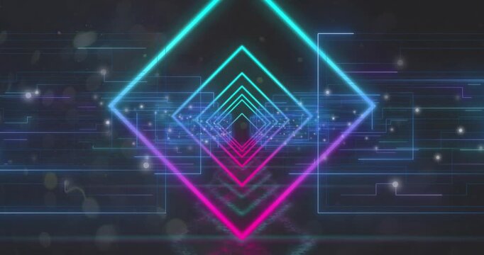 On start nested diamond frames pulsing circuit lines flickering, particles drifting forming tunnel