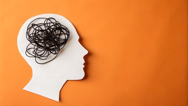 Overwhelmed mind concept with tangled wires inside head shape on orange background, perfect for mental health awareness and business problem solving