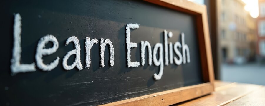 Chalkboard sign says Learn English. White chalk text on black board with wooden frame. Board stands outside on sunny day with blurred city buildings. Concept for foreign language school, education,