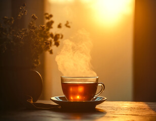 Steaming cup of tea backlit by warm morning sun, symbolizing comfort and relaxation.