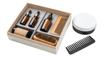 Beard grooming kit with oils, comb, and brush isolated on transparent background