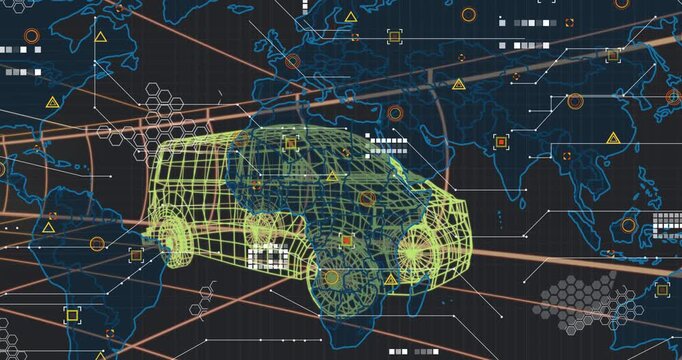 Neon green wireframe van appearing then rotating as data sets pulsing to visualize logistics flow