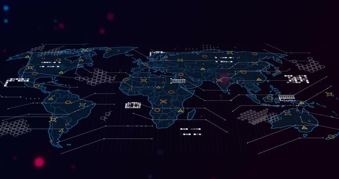 Faint blue line tracing continents, glowing map visualizing dataflow via shifting icons, connectors