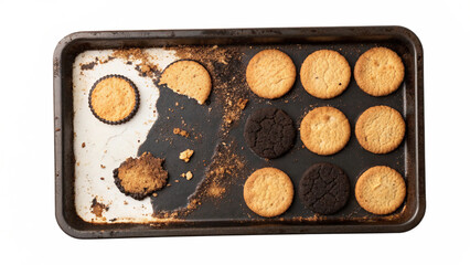 Burnt and golden cookies on a baking tray, some cookies are burnt, some are golden brown, isolated on transparent background
