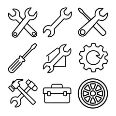 Collection of hand tools and mechanical icons for repair and construction