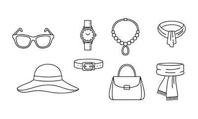 Women’s Fashion Line Icons Set – Clothing, Accessories and Outfit Elements