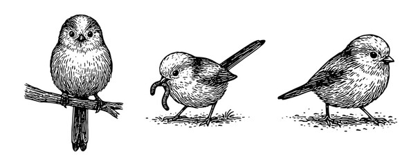 シマエナガの仕草を描いたペン画セット、Long-tailed Tit Behavior Pen Drawing Set  © MEG-MEG