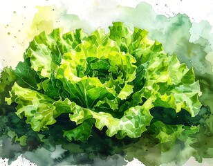 A vibrant watercolor painting of a lush, green head of lettuce, detailed with light and shadow