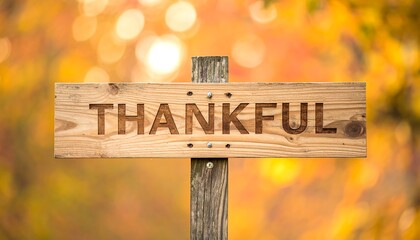 Thankful wooden sign with autumn leaves in the background.