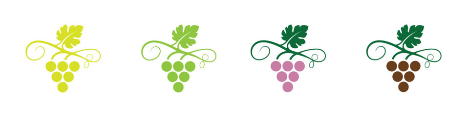 Purple grapes on vine with green leaves, logo. Grapevine symbol. Vineyard, winery icon
