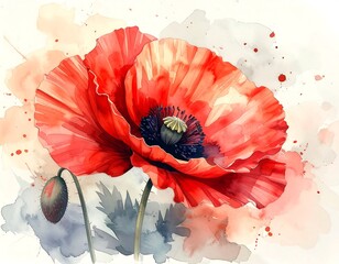 A vibrant watercolor painting of a red poppy flower with a bud, delicate petals, and abstract background
