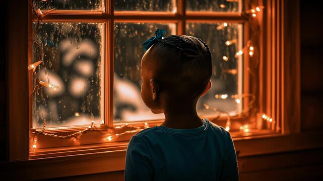 Young child peeking out of a toasty, festive home adorned with twinkling christmas lights, eagerly awaiting the arrival of winter festivities as snow gently drifts down outside