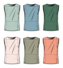 Set of fashion flat technical sketches of a women's sleeveless top in a variety of colors. Apparel design garment template vector illustration