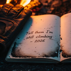 Motivational message in a notebook by the fire with climbing glove