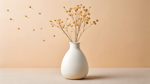 Beautiful arrangement of dried flowers in a modern vase with a neutral background