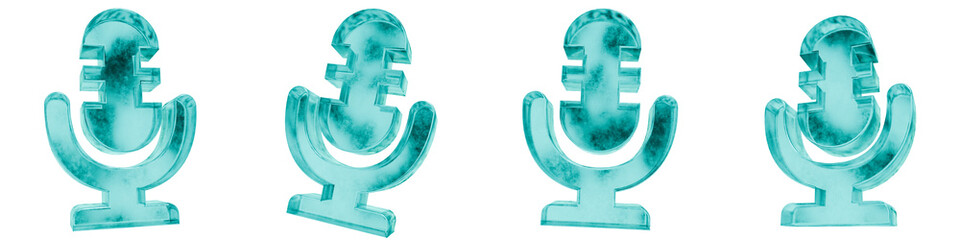 Set of four 3D microphone shapes in frosted blue ice glass style, isolated on a transparent background. Glassmorphism icons and 3D elements for modern graphic design.