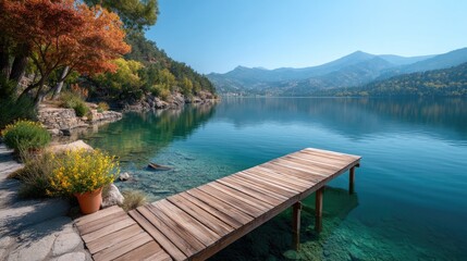 Obraz premium A Rustic Wooden Pier Extends Into A Crystal Clear Turquoise Lake Surrounded By Lush Green Trees And Mountains Under A Bright Blue Sky On A Sunny Day