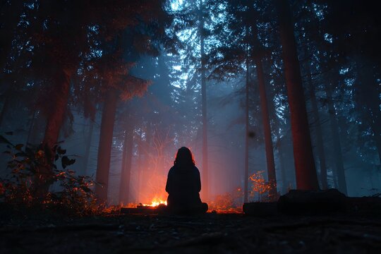 Solitary person sitting alone by a glowing campfire in a dark and moody forest - Powered by Adobe