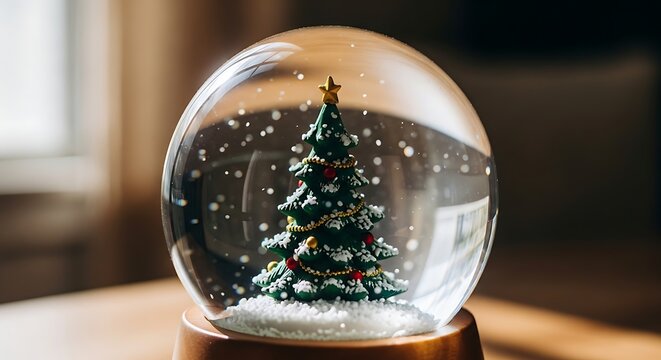 A close-up shot of a festive Christmas tree inside a clear glass snow globe, with artificial snow falling.