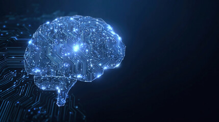 Digital AI chip integral into abstract technology brain on dark blue background. Circuit board tech bg. Low poly wireframe AI mind.